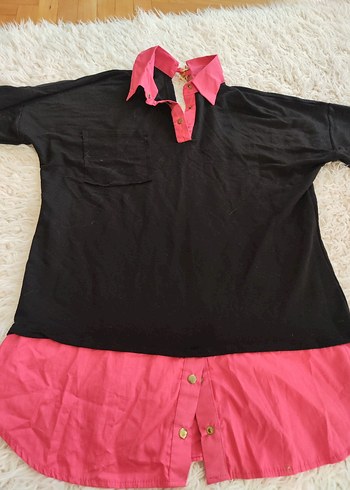 Düğmeli, yakalı uzun pembe tunik gomlek - Görsel 2