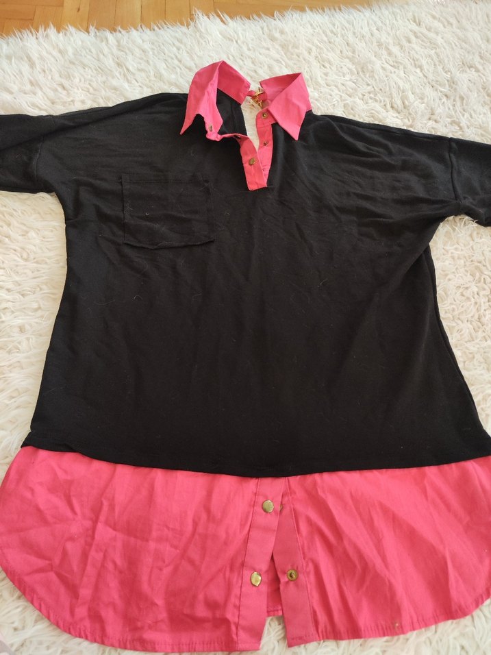 Düğmeli, yakalı uzun pembe tunik gomlek - Görsel 2