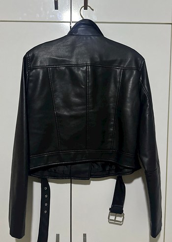 Kadın Siyah Deri Biker Ceket - Görsel 5