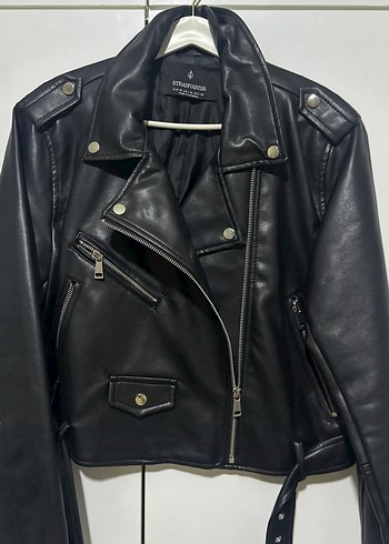 Kadın Siyah Deri Biker Ceket - Görsel 4