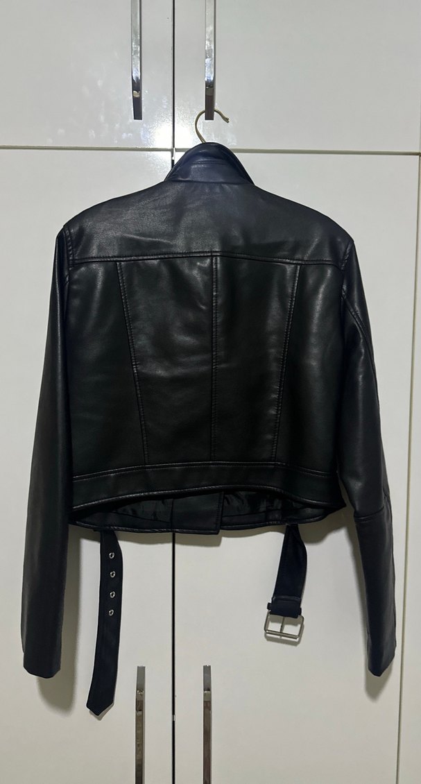 Kadın Siyah Deri Biker Ceket - Görsel 5