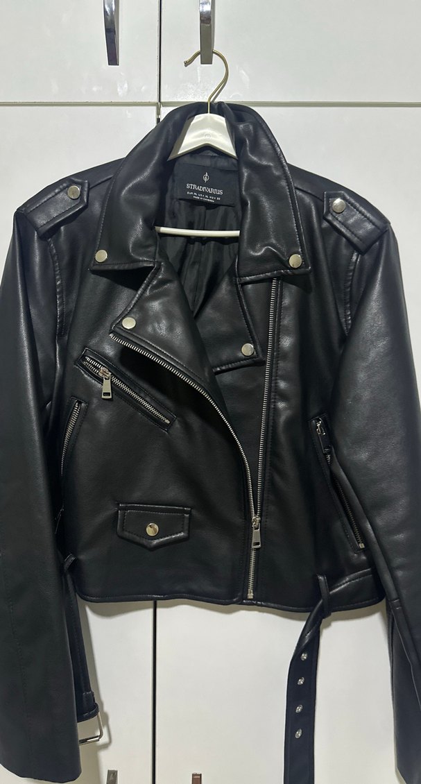 Kadın Siyah Deri Biker Ceket - Görsel 4