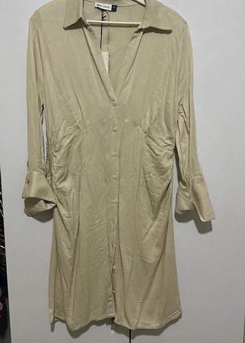 Bej Uzun Kollu Düğmeli Kadın Keten Gömlek elbise - Görsel 2