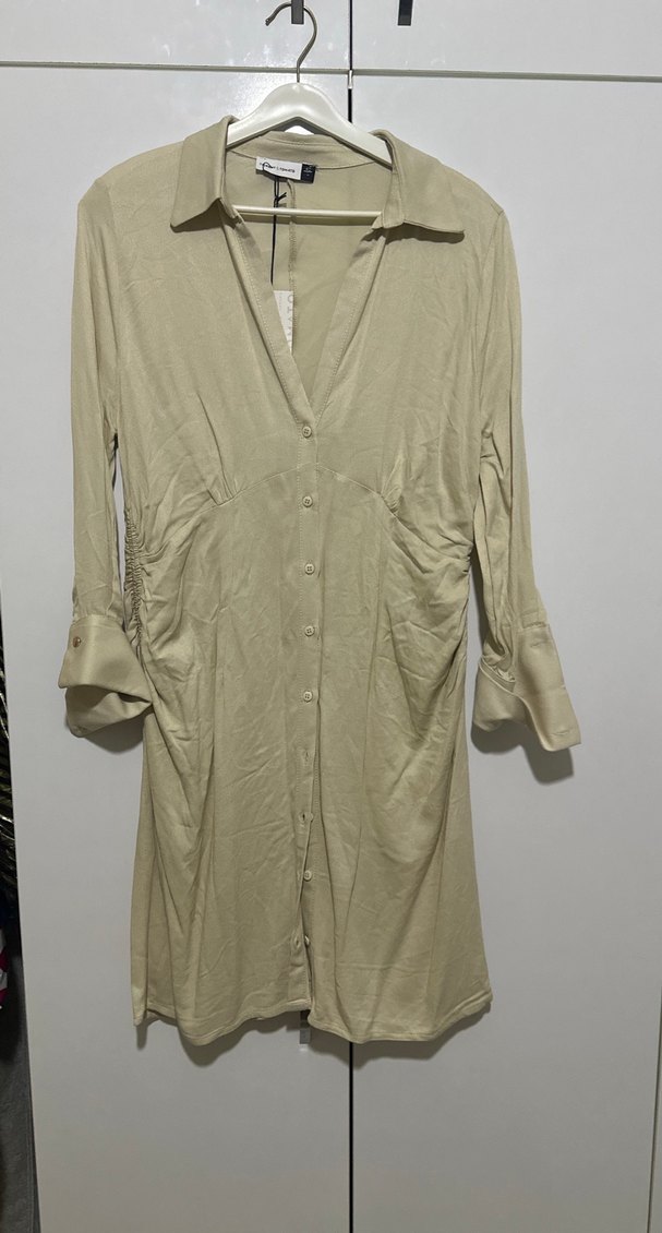 Bej Uzun Kollu Düğmeli Kadın Keten Gömlek elbise - Görsel 2