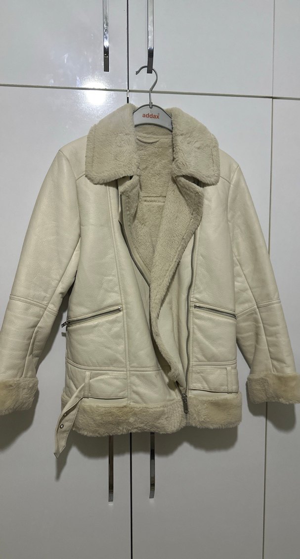 Kürklü Beyaz Deri Kadın Ceket - Görsel 2