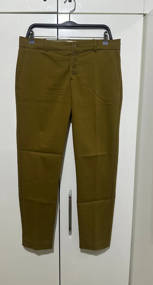 Düğmeli Kadın Haki Kumaş Pantolon - Görsel 3