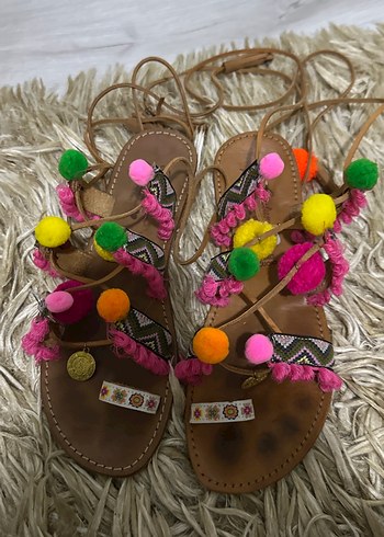 Renkli Püsküllü Bohem Kadın  Sandalet - Görsel 3
