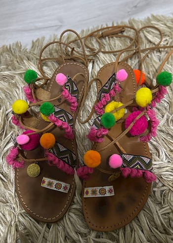 Renkli Püsküllü Bohem Kadın  Sandalet - Görsel 2