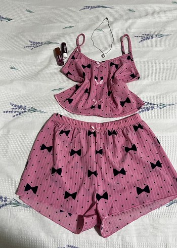 s Beden Pembe Baskılı İp Askılı Mini Kadın Pijama Takımı