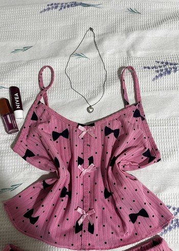 Diğer Pembe Baskılı İp Askılı Mini Kadın Pijama Takımı