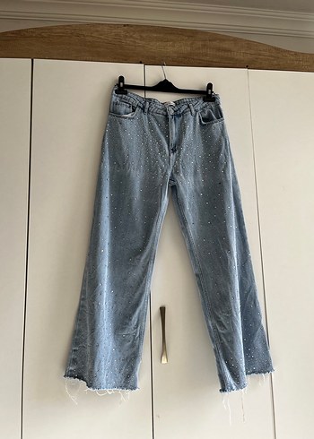 Payetli Gri Mavi Salaş Midi Kot Pantolon