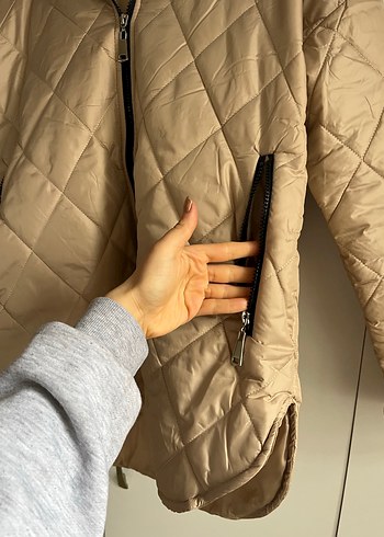 Bej Kapitone Fermuarlı Kadın Ceket - Görsel 4