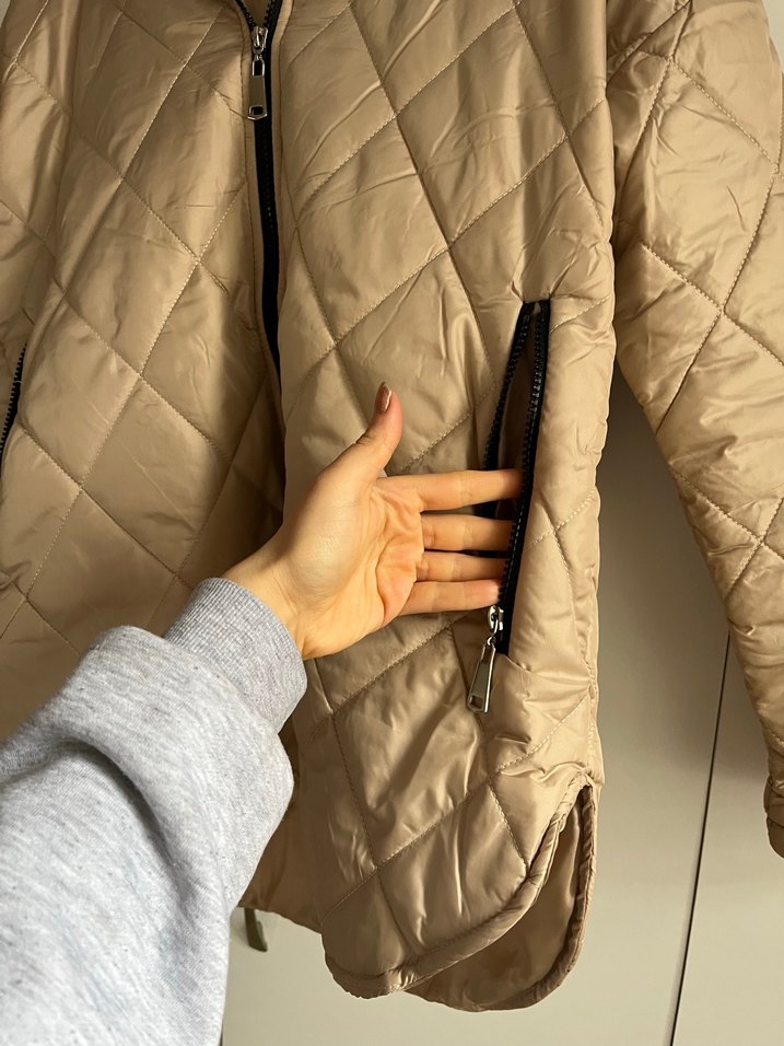 Bej Kapitone Fermuarlı Kadın Ceket - Görsel 4