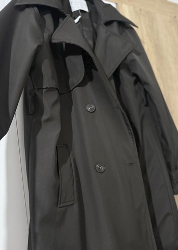 Siyah Kadın Uzun Trençkot Çift Düğmeli - Görsel 3