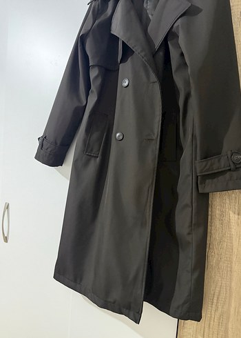 Siyah Kadın Uzun Trençkot Çift Düğmeli - Görsel 5