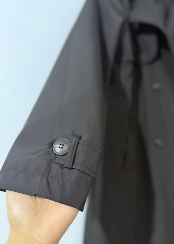 Siyah Kadın Uzun Trençkot Çift Düğmeli - Görsel 7