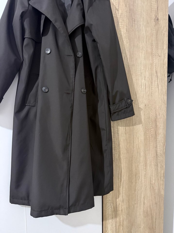 Siyah Kadın Uzun Trençkot Çift Düğmeli - Görsel 2