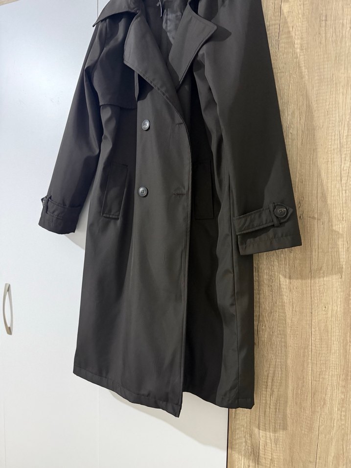 Siyah Kadın Uzun Trençkot Çift Düğmeli - Görsel 4