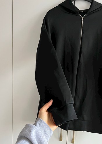 Fermuarlı Siyah Kapüşonlu Sweatshirt - Görsel 2