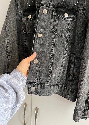 Düğmeli Gri Kadın Denim Ceket - Görsel 5