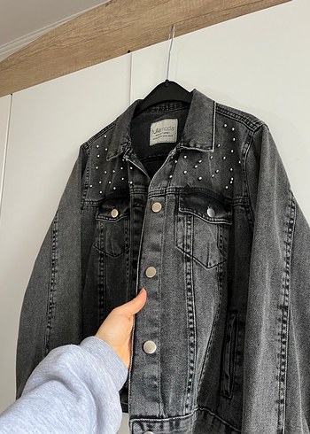 Düğmeli Gri Kadın Denim Ceket - Görsel 6