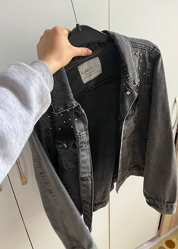 Düğmeli Gri Kadın Denim Ceket - Görsel 8