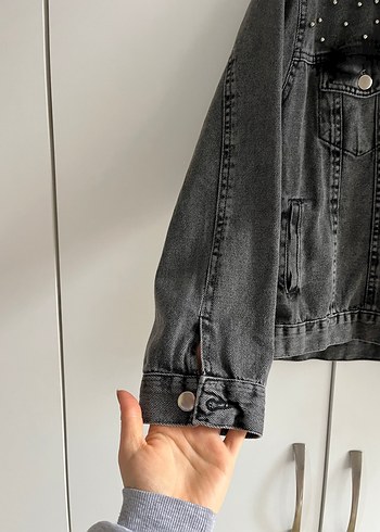 Düğmeli Gri Kadın Denim Ceket - Görsel 2