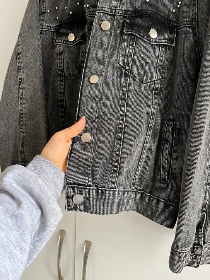 Düğmeli Gri Kadın Denim Ceket - Görsel 5