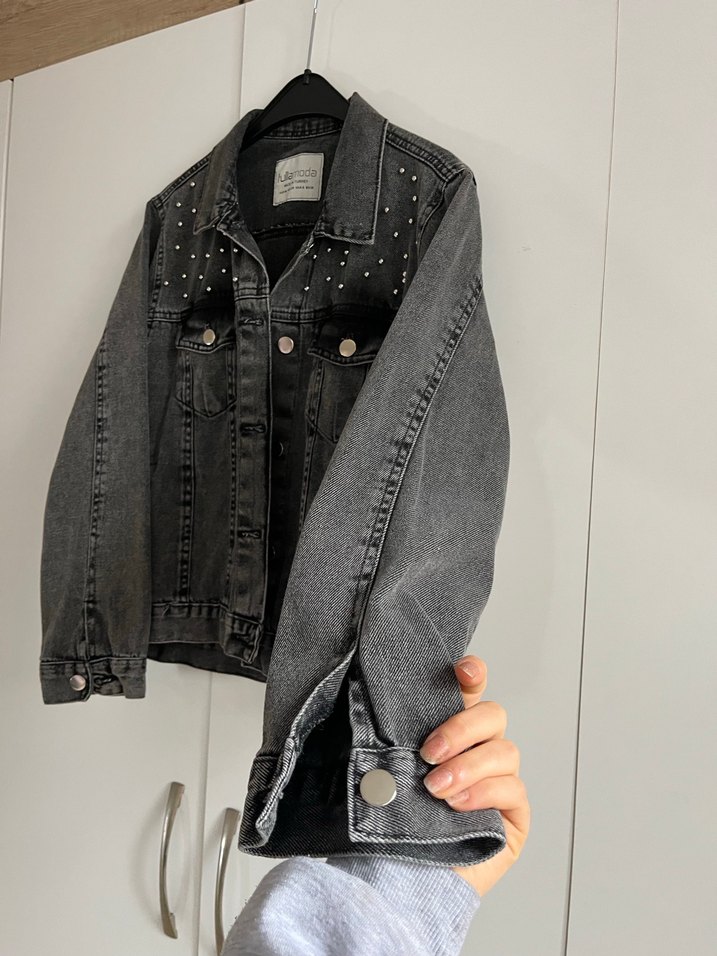 Düğmeli Gri Kadın Denim Ceket - Görsel 4