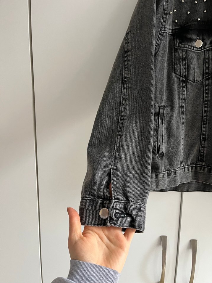 Düğmeli Gri Kadın Denim Ceket - Görsel 2