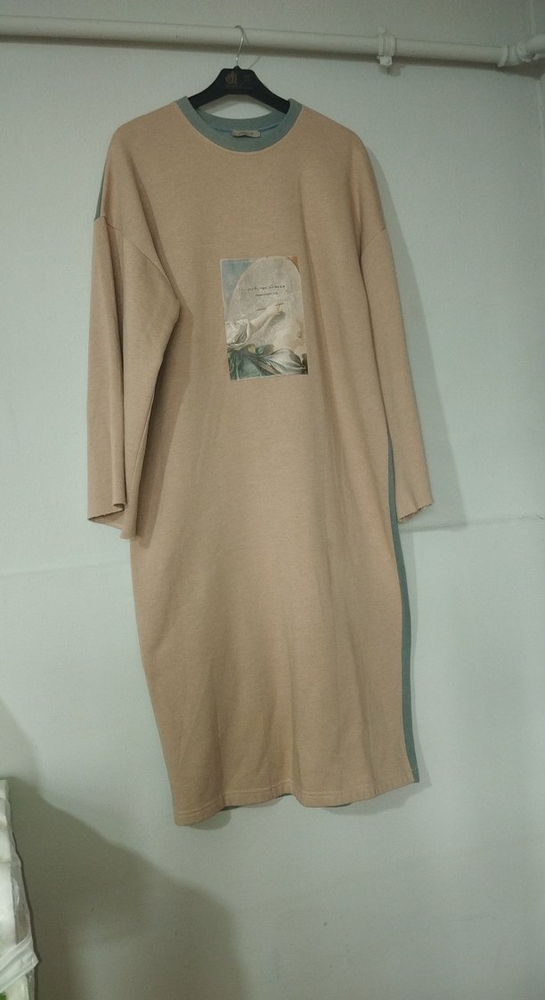 Bej Uzun Kollu Salaş Triko Elbise - Görsel 3