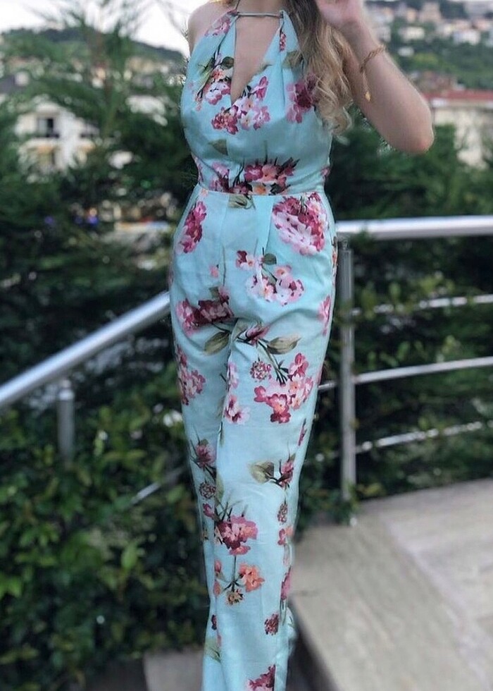 Saten Çiçekli Mango Abiye Tulum - Görsel 2