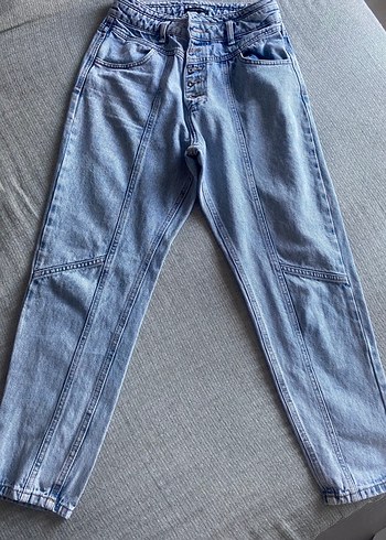 Kadın Mavi Düğmeli Denim Pantolon