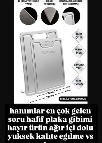18/10 Çelik Kaymaz Kesme Panosu Seti