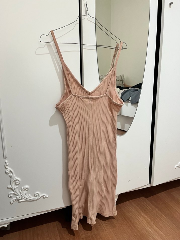Pudra V Yaka Mini İnce Askılı Elbise - Görsel 2