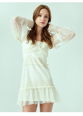 Tüllü uzun kollu kısa elbise Zeynep Tosun tasarım elbise - Görsel 2