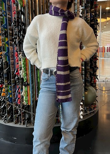 Mor Gri Çizgili Örgü Kadın Atkı - Görsel 2