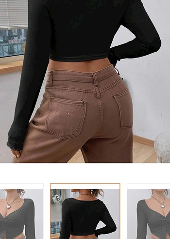 Siyah V Yaka Kemerli Uzun Kollu Bluz - Görsel 2