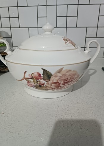Çiçek Desenli Beyaz Kapaklı Porselen Çorba Kasesi - Görsel 6
