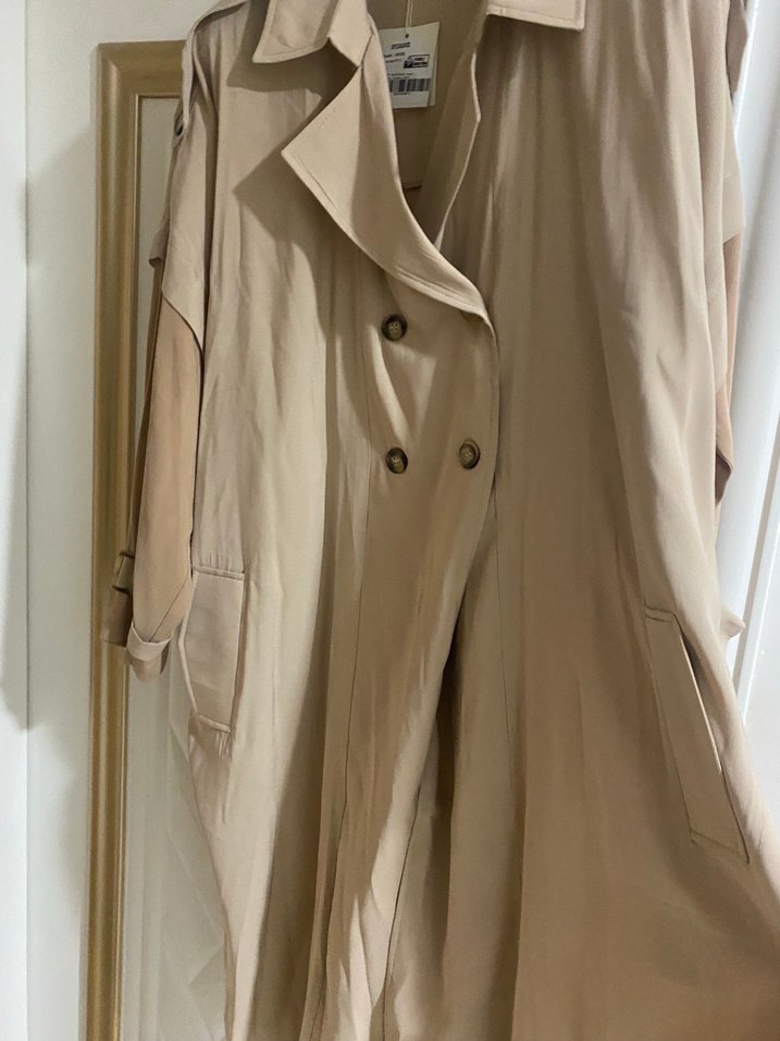 Bej Kadın Keten Uzun Trench Coat - Görsel 3