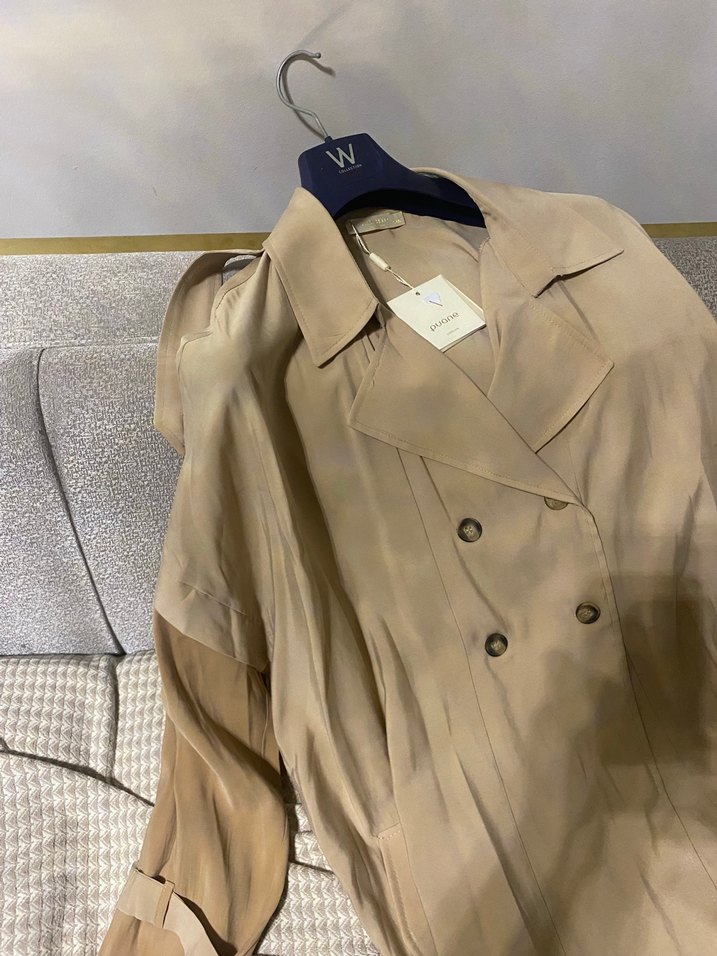 Bej Kadın Keten Uzun Trench Coat - Görsel 2