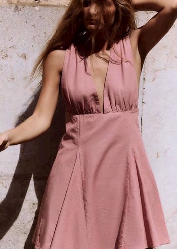 Zara keten Pembe V Yakalı Mini Bohem Elbise
