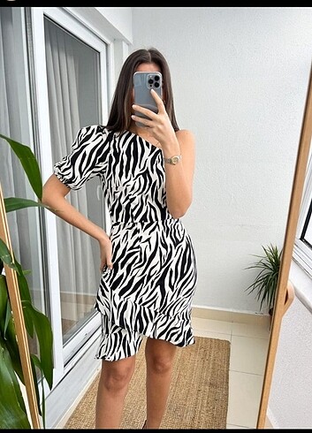 Tek Kol Zebra Elbise