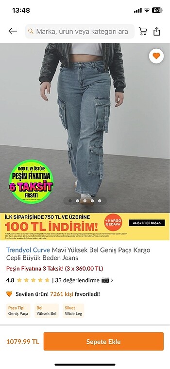 Trendyol & Milla Trendyol Curve Mavi Yüksek Bel Genis Paça Kargo Cepli Büyük Bede