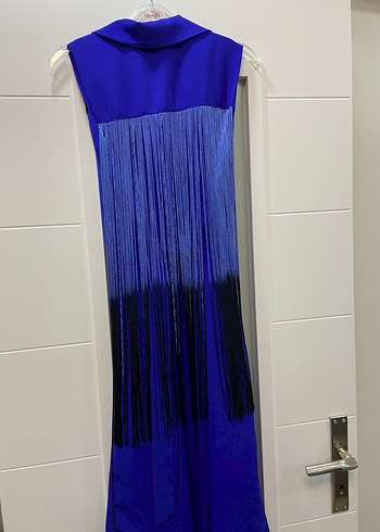 Düğmeli Kolsuz Uzun Mavi Kadın Elbise - Görsel 4