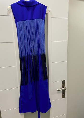 Düğmeli Kolsuz Uzun Mavi Kadın Elbise - Görsel 7