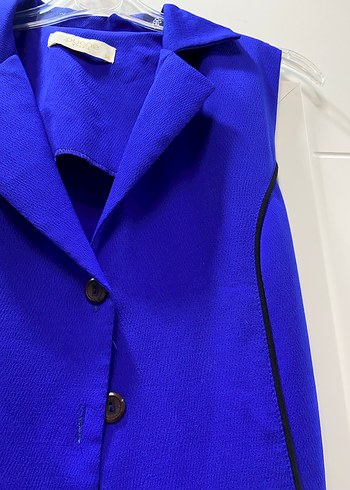 Düğmeli Kolsuz Uzun Mavi Kadın Elbise - Görsel 3