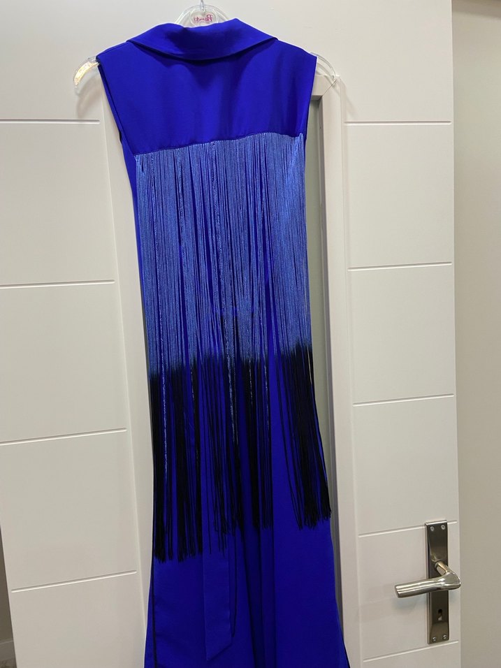 Düğmeli Kolsuz Uzun Mavi Kadın Elbise - Görsel 4