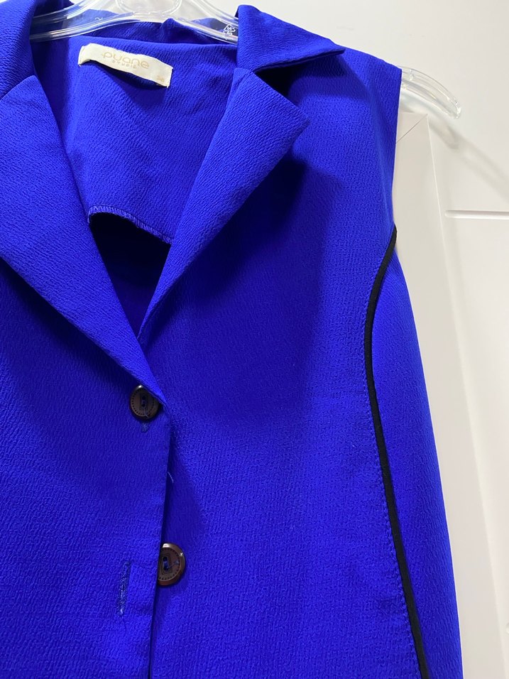 Düğmeli Kolsuz Uzun Mavi Kadın Elbise - Görsel 3