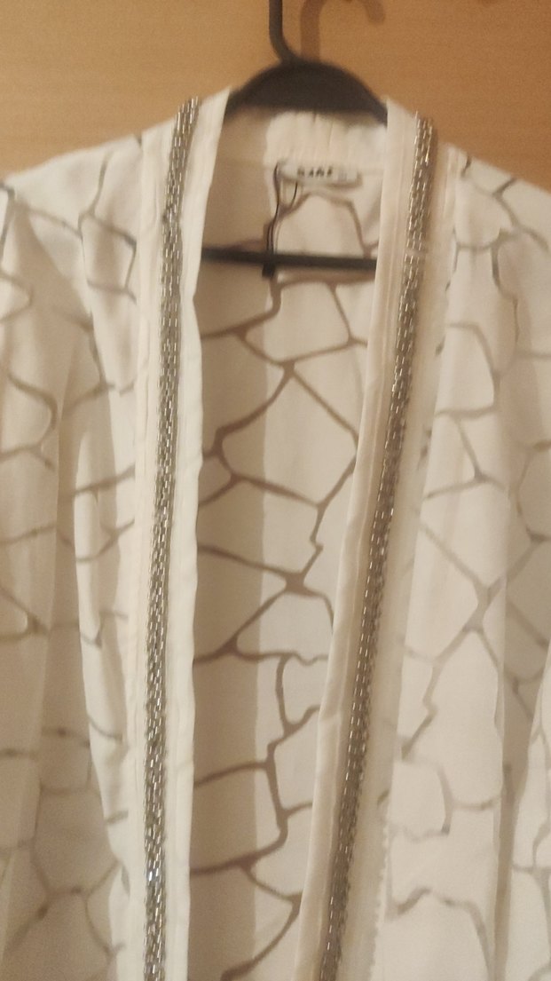 Uzun Beyaz Nakışlı Keten Kadın Kimono - Görsel 3